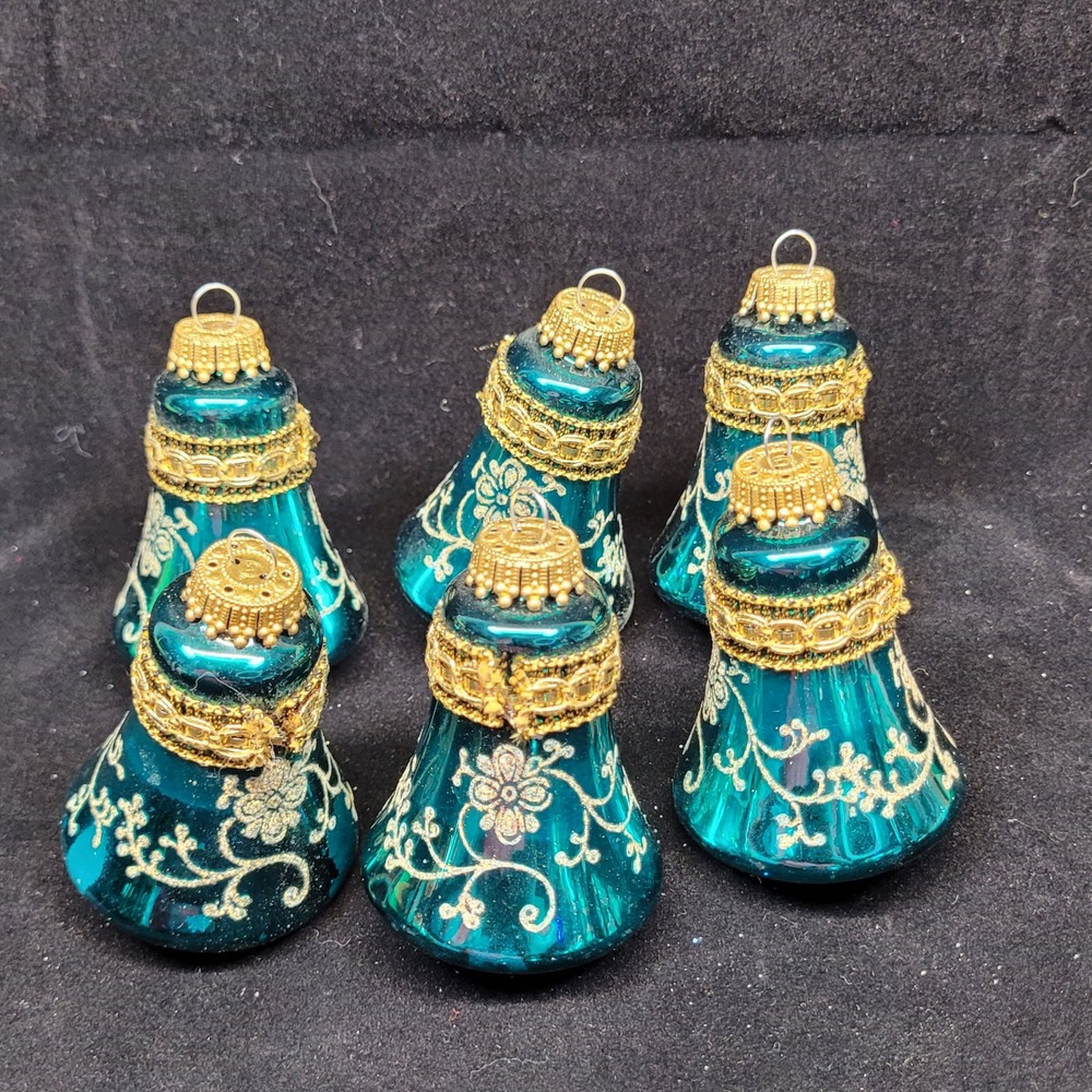 6 Krebs Glass Bell Christmas Ornaments Floral Filigree Baroque Teal Green Gold‎